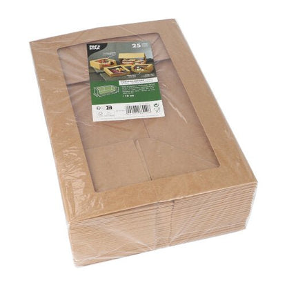 PAPSTAR GmbH tilbyder 25 firkantede kagekartoner med låg og sigtvindue af PLA, miljøvenlig, sammenpakket og indpakket i folie. Øverst på pakken er der en grøn-hvid produktetiket.