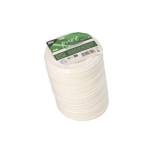 En stak af 50 hvide "rene" sukkerrørslåg til suppebægre fra PAPSTAR GmbH, indpakket i folie med produktdetaljer og genbrugssymboler.