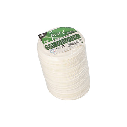 En stak af 50 hvide "rene" sukkerrørslåg til suppebægre fra PAPSTAR GmbH, indpakket i folie med produktdetaljer og genbrugssymboler.