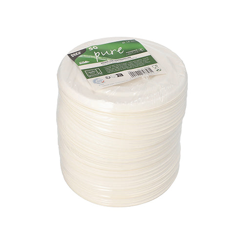 En stak hvide PAPSTAR 50 suppebægerlåg af miljøvenligt sukkerrør "pure" er pakket i gennemsigtig folie med grøn etiket. Designet af PAPSTAR GmbH, er disse låg den perfekte tilføjelse til miljøvenlige suppebægre.