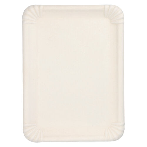 Det PAPSTAR serveringsfad af sukkerrør "pure" firkantet, 26x35 cm, hvid (6 stykker) fra PAPSTAR GmbH er en rektangulær, biologisk nedbrydelig hvid bakke med forhøjede kanter og hjørneribber, fotograferet tom fra oven.