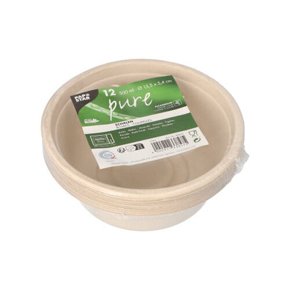 En pakke med 12 PAPSTAR sukkerrørsskåle "pure" (500 ml, 15,5 x 5,4 cm), biologisk nedbrydelige og miljøvenlige, ideelle til et bæredygtigt liv; fra PAPSTAR GmbH.