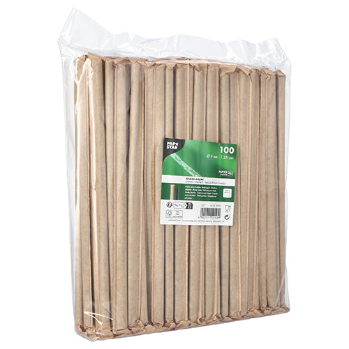 En gennemsigtig plastpakning med 100 PAPSTAR shake-papirsugerør (sort, Ø 8 mm, 25 cm, individuelt pakket) fra PAPSTAR GmbH, med den grøn-hvide produktetiket på forsiden.