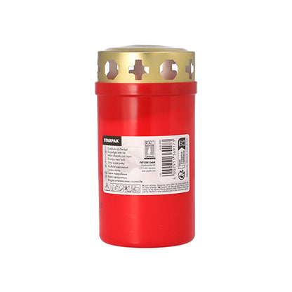 Et Starpak gravlys med guldlåg Ø 6,4 cm · 12,5 cm med hylster fra Starpak står oprejst på en enkel hvid baggrund, med et guldfarvet låg og produktetiket. Ideel til kirkegården.