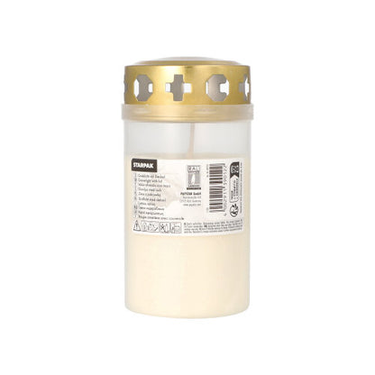 Starpak gravlys med guldlåg Ø 6,4 cm · 12,5 cm med hylster er et hvidt gravlys i en gennemsigtig beholder med korsformede udskæringer i det gyldne låg, mærket med produktinformationer - ideel til brug på kirkegården.