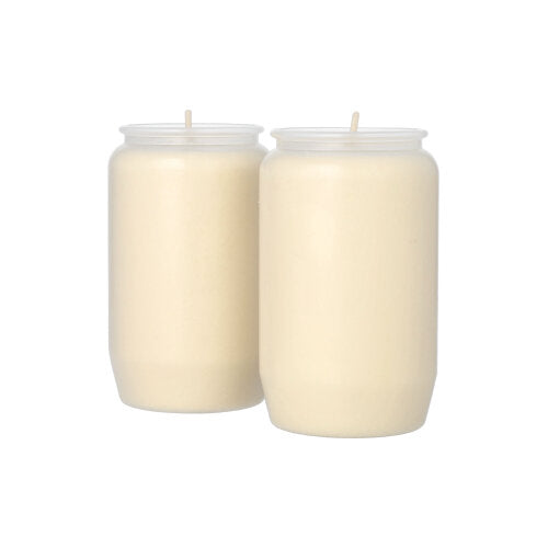 To kompositions-olielys PAPSTAR Ø 5,8 cm i gennemsigtig hylster (2 styk, PAPSTAR GmbH) står ved siden af hinanden foran en hvid baggrund og skaber stemningsfuld belysning.