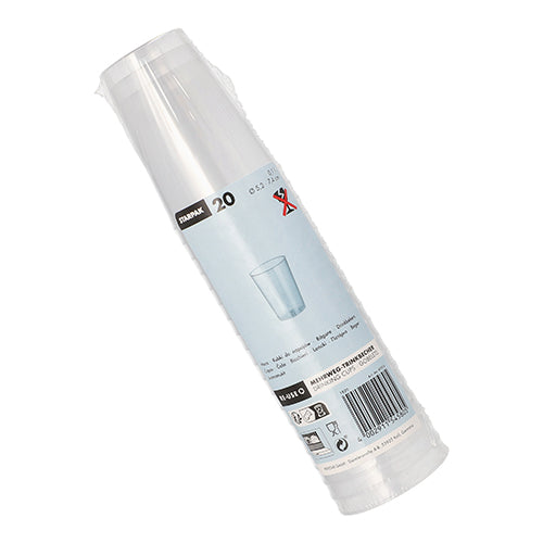 En plastikindpakket pakke med 20 Starpak genanvendelige drikkebægre, PP, 0,1 l, Ø5,2 cm × 7,4 cm, gennemsigtig og uknuselig, med en etiket med produktdetaljer, kopillustration, stregkoder og genbrugssymboler.