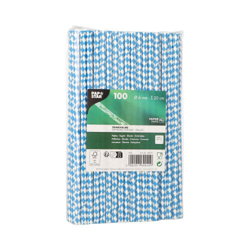 PAPSTAR 100 Trinkhalme aus Papier (Ø 6 mm) von PAPSTAR GmbH, in Kunststoffverpackung mit sichtbarem Etikett - umweltfreundliche, nachhaltige blaue und weiße Trinkhalme.