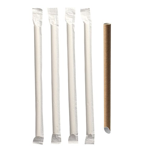 Afbildet er fem PAPSTAR Bubble Tea sugerør "rene" (Ø 12 mm, 20 cm, brun, spids | folie) fra PAPSTAR GmbH; fire individuelt pakket og en uindpakket, alle arrangeret lodret på hvid baggrund.