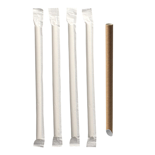 Als nachhaltige Alternative werden fünf PAPSTAR 200 Bubble Tea Halme Papier „pure“ Strohhalme, vier einzeln verpackt und einer unverpackt, gezeigt. Hergestellt aus umweltfreundlichem Papier der PAPSTAR GmbH, ist jeder Strohhalm 12 mm breit, 20 cm lang und braun.