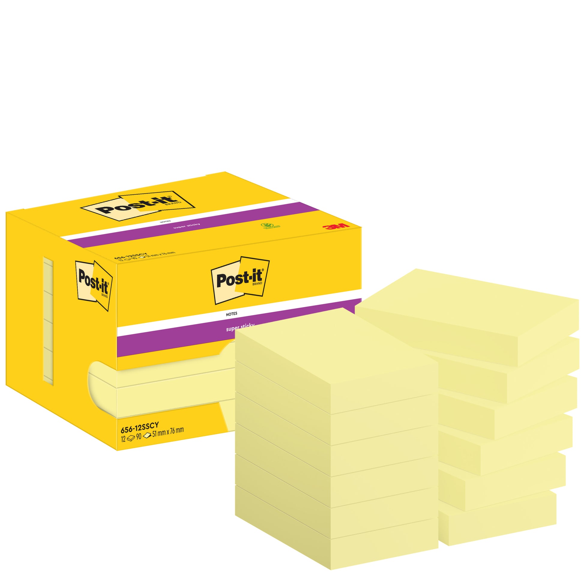Abgebildet ist ein großer gelber Karton Post-it® Super Sticky Notes (3M Deutschland GmbH) mit zwölf gelben Einzelpackungen im Format 51 x 76 mm (je 90 Blatt), fein säuberlich angeordnet auf weißem Hintergrund. PEFC-zertifiziert, 1 Packung/12 Blöcke.