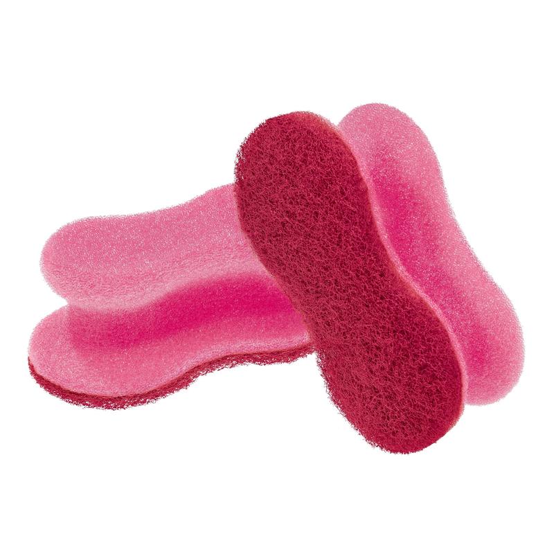 To lyserøde Scotch-Brite® Delicate Color Comfort ikke-ridsende rengøringssvampe fra 3M Deutschland GmbH er stablet på hvid baggrund. De rengør skånsomt sarte overflader og efterlader ingen ridser. Pakken indeholder 2 stk.