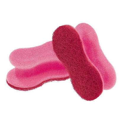 To lyserøde Scotch-Brite® Delicate Color Comfort ikke-ridsende rengøringssvampe fra 3M Deutschland GmbH er stablet på hvid baggrund. De rengør skånsomt sarte overflader og efterlader ingen ridser. Pakken indeholder 2 stk.
