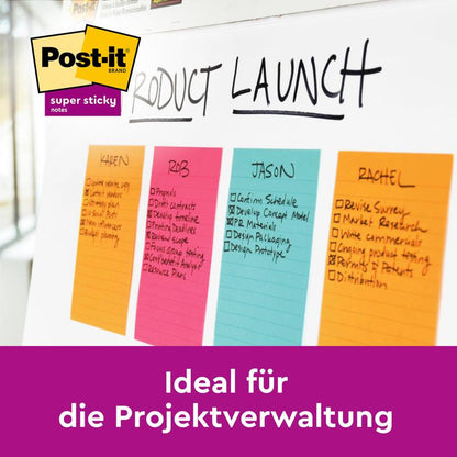 På et whiteboard med teksten "Produktlancering" er der fire farverige Post-it® sedler i stort format, gul (101 mm x 152 mm), hvor projektopgaver er listet. Logoet fra 3M Deutschland GmbH vises øverst til venstre. Teksten lyder: "Ideel til projektstyring.