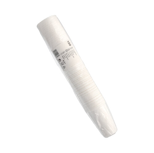 En pakke med 100 Starpak drikkebægre (0,2 l, Ø 7,03 cm, 9,9 cm, hvid) lavet af let PP, pakket i gennemsigtig folie med stregkode og etiket – perfekt til daglig brug.