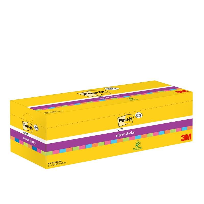 En rektangulær gul æske med Post-it® Super Sticky Notes fra 3M Deutschland GmbH med farverige striber og mængdeangivelser (76 mm x 76 mm, Promotion, 90 ark/blok, 100% PEFC) på emballagen.