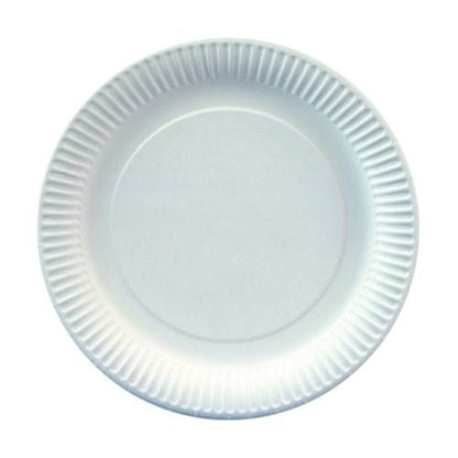 Starpak 20 tallerkener er runde, hvide papptallerkener (Ø 23 cm) med riflet kant, ideelle til fester. Sælges i pakker med 20 og afbildet ovenfra på hvid baggrund. Mærke: Starpak.