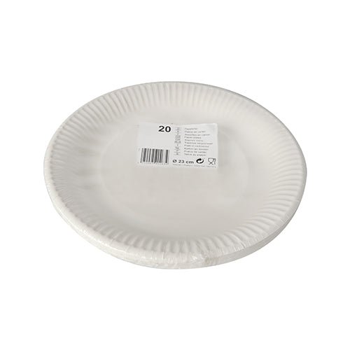 Starpak 20 tallerkener, pap rund Ø 23 cm hvid: 20 hvide papptallerkener med rillet kant, pakket i krympefolie og med stregkode-etiket. Ideelle til fester og nem servering.