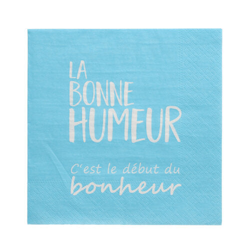 De PAPSTAR 20 servietter (33x33 cm, 3-lags, blå) fra PAPSTAR GmbH er forsynet med en hvid fransk tekst: "LA BONNE HUMEUR C'est le début du bonheur" ("Godt humør er begyndelsen på lykke").