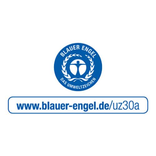 Et blå-hvidt logo med "Blauer Engel Das Umweltzeichen" omgiver Starpak affaldsposer, LDPE, 240l, 145x120cm, sort (8 stykker) og fremhæver miljøvenlige poser. Nedenfor finder du webadressen: www.blauer-engel.de/uz30a.