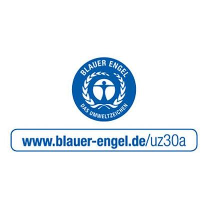 Et blå-hvidt logo med "Blauer Engel Das Umweltzeichen" omgiver Starpak affaldsposer, LDPE, 240l, 145x120cm, sort (8 stykker) og fremhæver miljøvenlige poser. Nedenfor finder du webadressen: www.blauer-engel.de/uz30a.