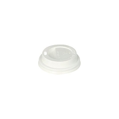 Starpak 50 Dom-låg PS "To Go" Rundlåg (hvid, Ø 6 cm, 2 cm) til engangskopper er afbildet på hvid baggrund. Takket være sin sikre lukning og den lille drikkeåbning er det ideelt som take-away-emballage. 50 stykker.