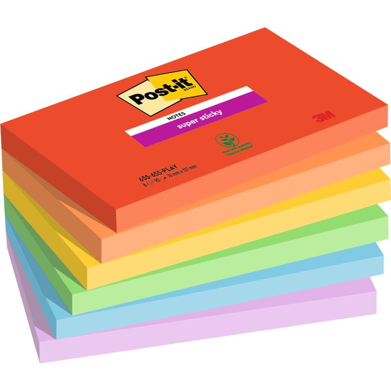En stak Post-it® Super Sticky Notes fra 3M Deutschland GmbH, 76 x 127 mm, 90 ark pr. blok, 100% PEFC-certificeret, i forskellige farver, med logoet på det øverste ark.