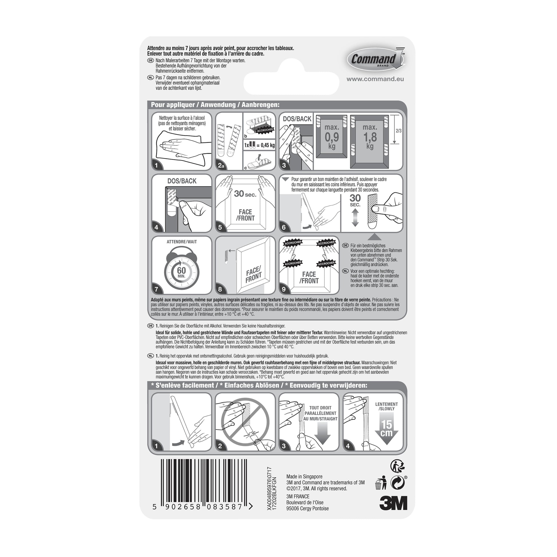Auf der Rückseite der Command™ Bilder-Montage Strips S, schwarz, 17202BLK (1 Stück) von 3M Deutschland GmbH befinden sich eine bebilderte Anleitung, Sicherheitshinweise in mehreren Sprachen, ein Barcode sowie das Command- und 3M-Branding.
