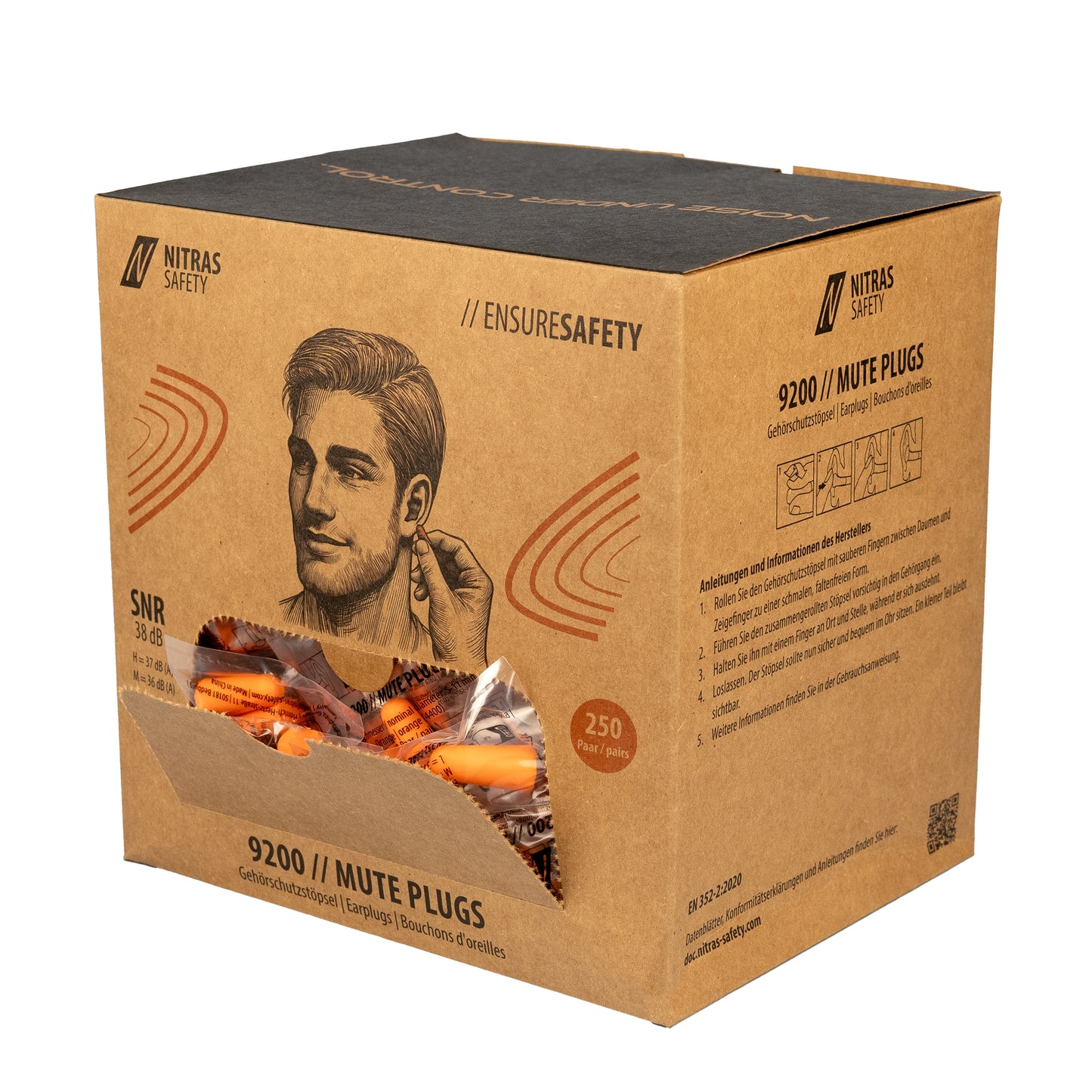 NITRAS MUTE PLUGS, ørepropper, orange, EN 352-2, 250 par / æske PU | Pakke (1 stk.)