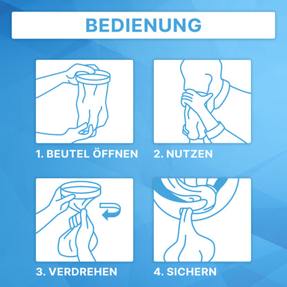 Vier mit 1-4 beschriftete Abbildungen zeigen, wie der ARNOMED Spuckbeutel mit Verschlussring (ARNOWA GmbH) zu verwenden ist: Beutel öffnen, an den Mund halten, oben zudrehen und mit dem Verschlussring sichern. Anleitung ist auf Deutsch als medizinisches Zubehör.