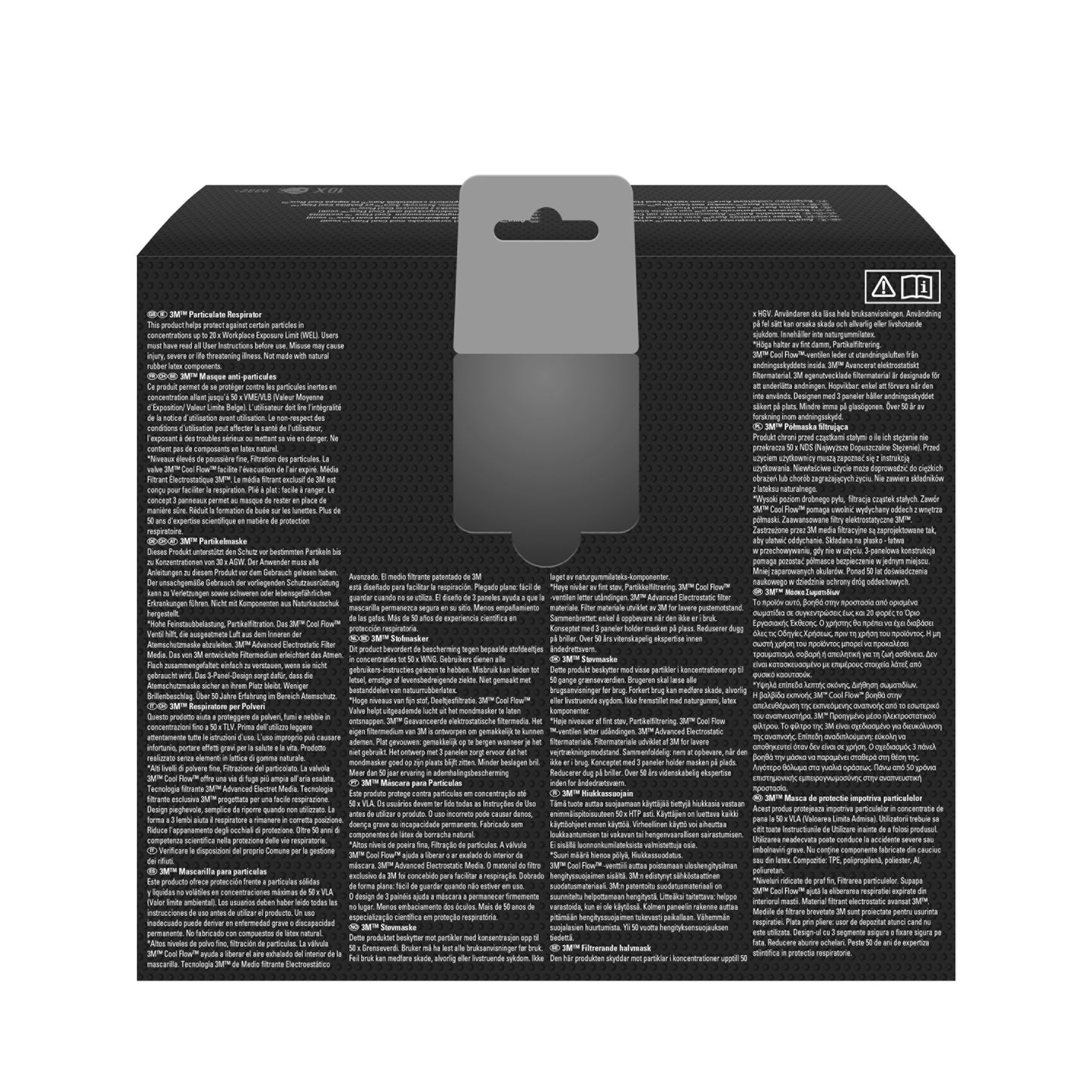 Das Bild zeigt die Rückseite einer schwarzen 3M™ Aura™ Comfort Cool Flow™ Partikelmaske 9332+ FFP3 von 3M Deutschland GmbH mit dichtem weißem mehrsprachigem Text, einer grauen Aufhängelasche oben und zwei kleinen Symbolen in der rechten oberen Ecke.