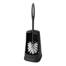 Die Nölle Profi Brush WC Garnitur mit Randreiniger (Regranulat, unmontiert, 1 Stück) von Nölle Profi Brush Bürsten- & Pinseltechnik e.K. steht aufrecht im passenden schwarzen Halter vor weißem Hintergrund.