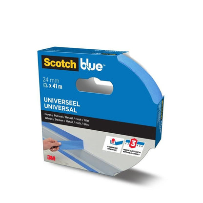 En æske ScotchBlue™ malertape "Multi-Surface" fra 3M Deutschland GmbH (24 mm x 41 m) med blåt, delvist udrullet tape. Emballagen angiver egnethed til forskellige overflader og nem fjernelse i op til tre dage.