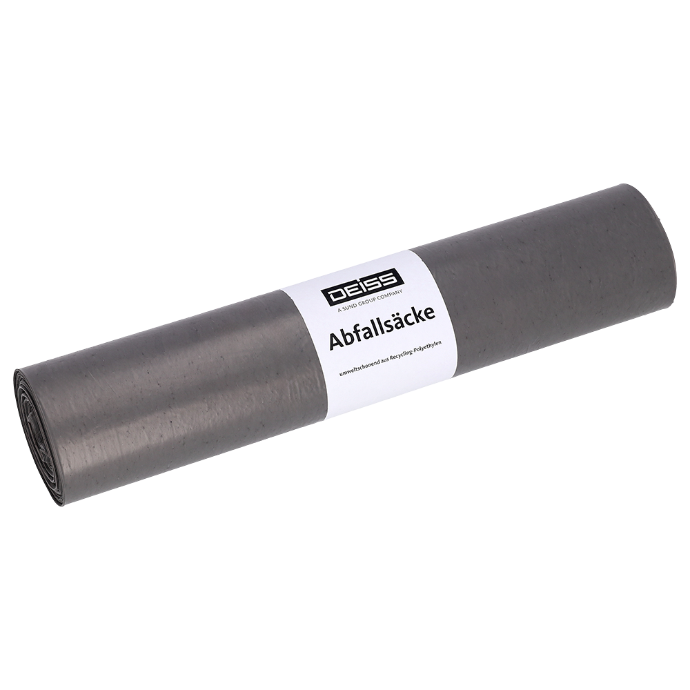 Afbildet er en rulle EMIL DEISS KG (GmbH + Co.) DEISS 94007 grå affaldsposer (660x800x0,05 mm, 25 stykker) med hvidt "DEISS affaldsposer"-etiket på en ensfarvet hvid baggrund.