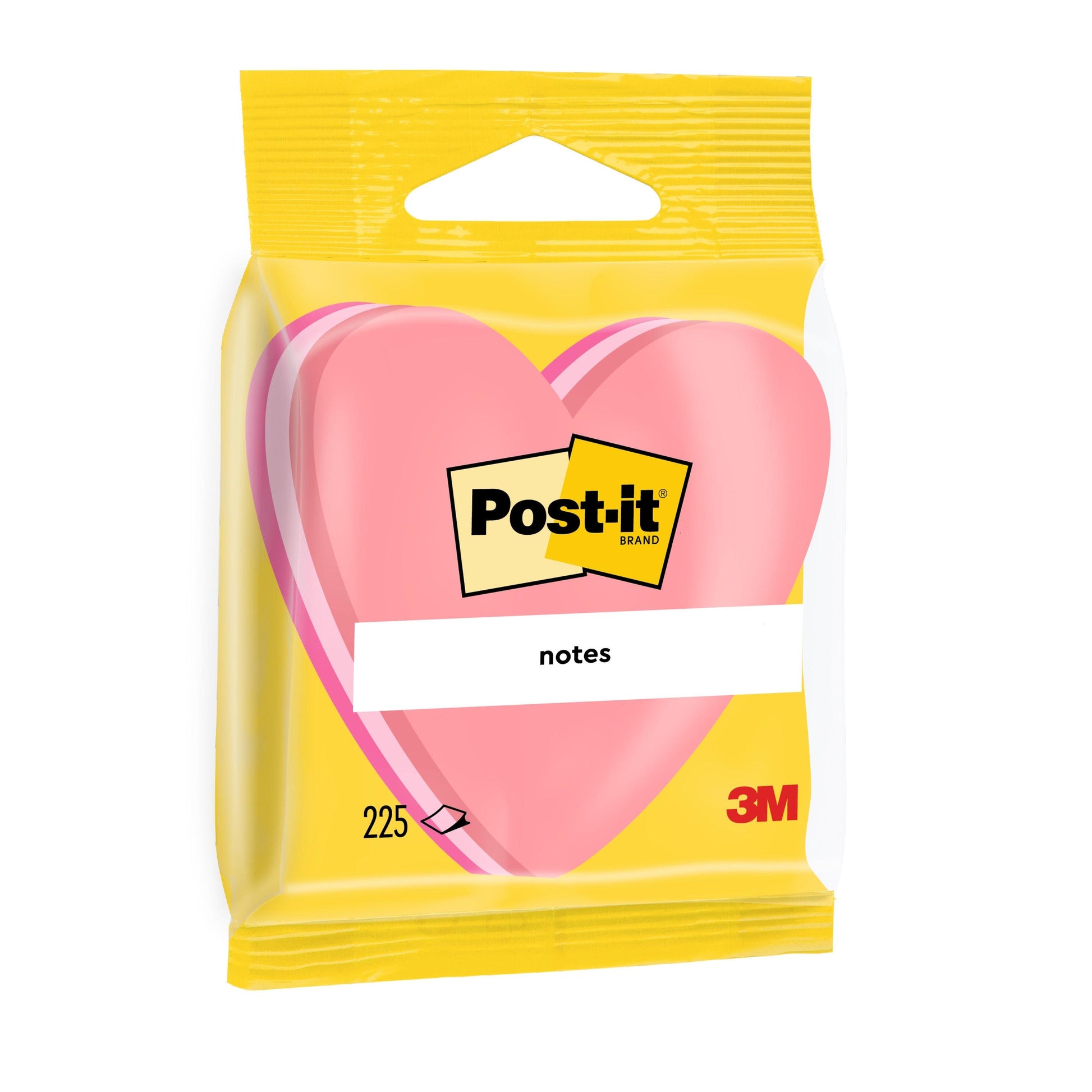 Eine Packung Post-it® Notes der 3M Deutschland GmbH in Form eines rosa Herzens (70x70 mm) enthält 225 Blatt pro Block. Verpackt in Gelb mit sichtbarem Post-it Marken- und 3M-Logo. 1 Block pro Packung. 100% PEFC-zertifiziert.