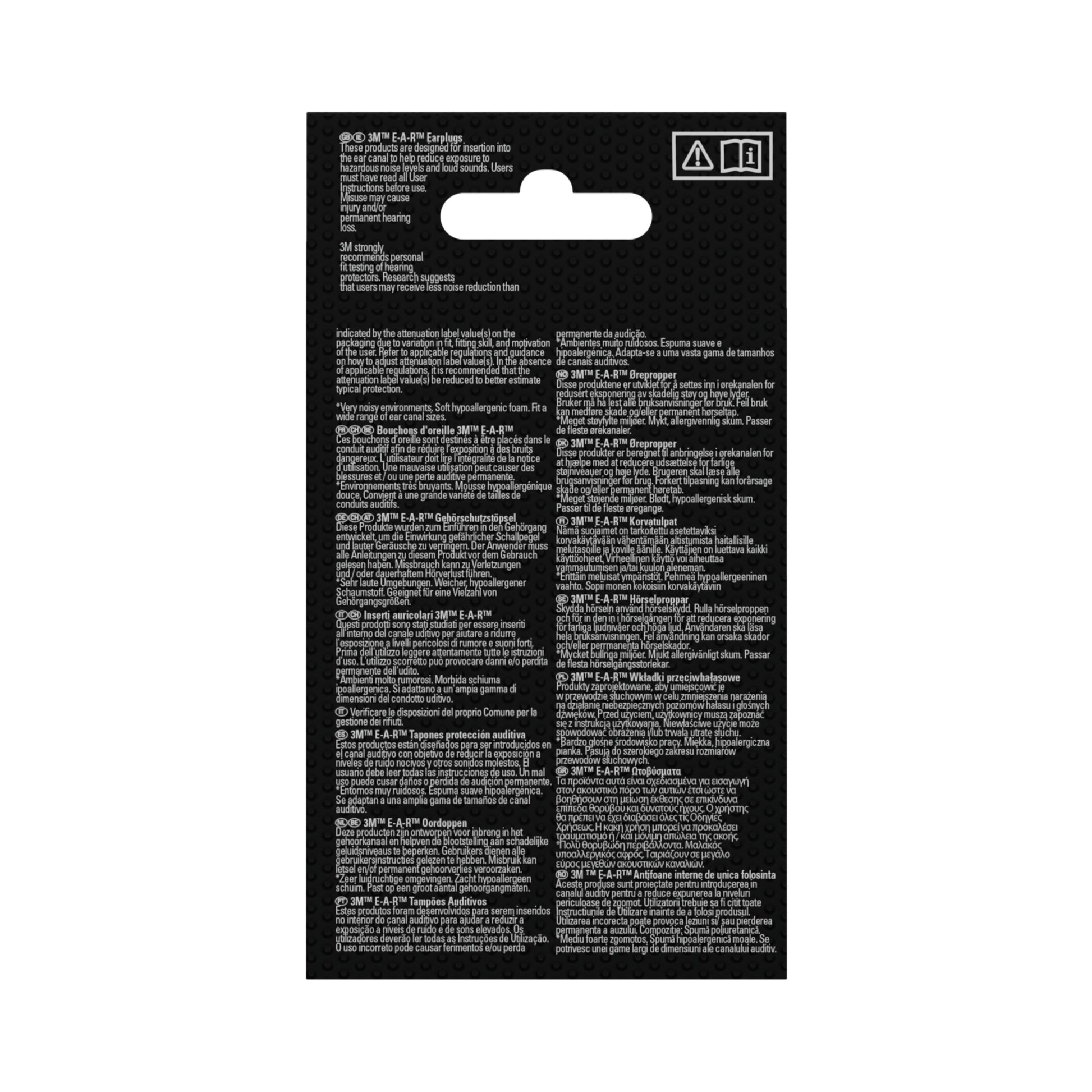 Rückseite einer 3M™ Gehörschutzstöpsel E-A-Rsoft™ FX™ Packung, mit dichtem, mehrsprachigem Text auf Schwarz. Zeigt zwei Warnsymbole und SNR-Wert 37 dB Anweisungen für die weichen gelben Gehörschutzstöpsel (PU-Schaum), 5 Paar von 3M Deutschland GmbH.