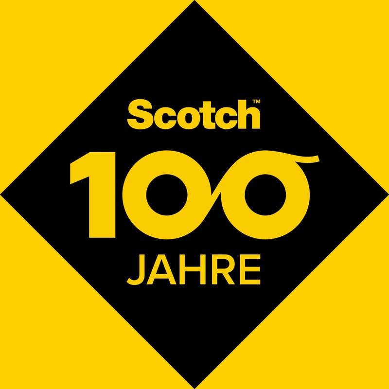 En gul-sort grafik med Scotch-logoet, en stiliseret "100", der danner et uendelighedssymbol, og "ÅR" nedenunder fejrer 100 år med Scotch® Crystal tape (19mm x 25m + 5m gratis) fra 3M Deutschland GmbH.