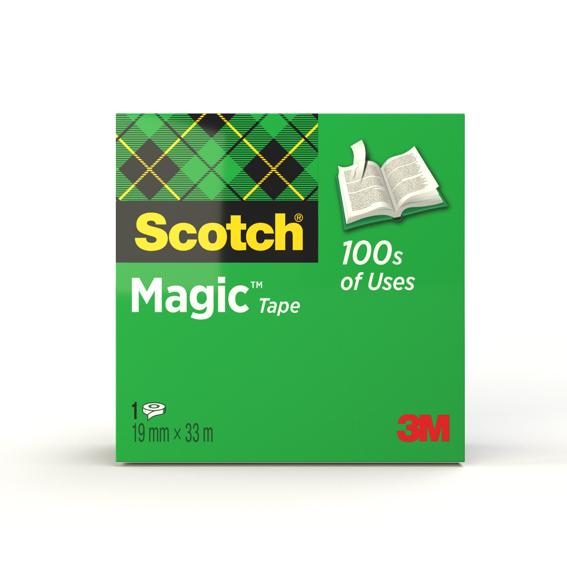Eine grüne Schachtel Scotch® Magic™ Unsichtbares Klebeband von 3M Deutschland GmbH mit einem karierten Design, einer offenen Buchgrafik, dem Text "100s of Uses" und einer Größe von 19 mm x 33 m.