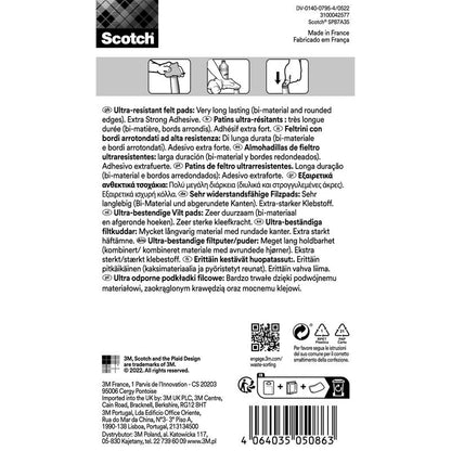 Bagsiden af en pakke 3M Deutschland GmbH Scotch® Ekstrembestandige Filtskiver SP87A35 (Ø 25mm, grå/hvid, 8 styk), med flersprogede oplysninger om selvklæbeevne, holdbarhed, samt en stregkode og symboler nederst til højre.