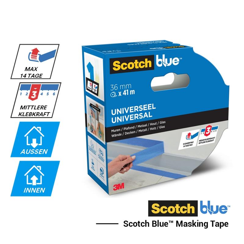 Afbildet er en pakke ScotchBlue™ malertape "Multi-Surface" (36 mm x 41 m) fra 3M Deutschland GmbH. På emballagen er der angivet op til 14 dages brugstid, medium vedhæftning, egnethed til indendørs og udendørs brug og kompatibilitet med forskellige overflader.