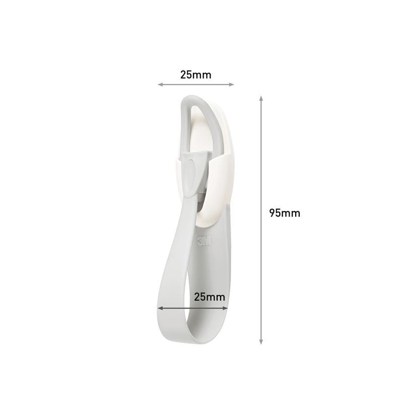 3M Deutschland GmbH Command™ kabelholder, 17304-FR, i hvid og grå, er 25 mm bred og 95 mm høj. Den har en buet base og en afrundet, drejelig krog, der hjælper med at undgå kabelrod.