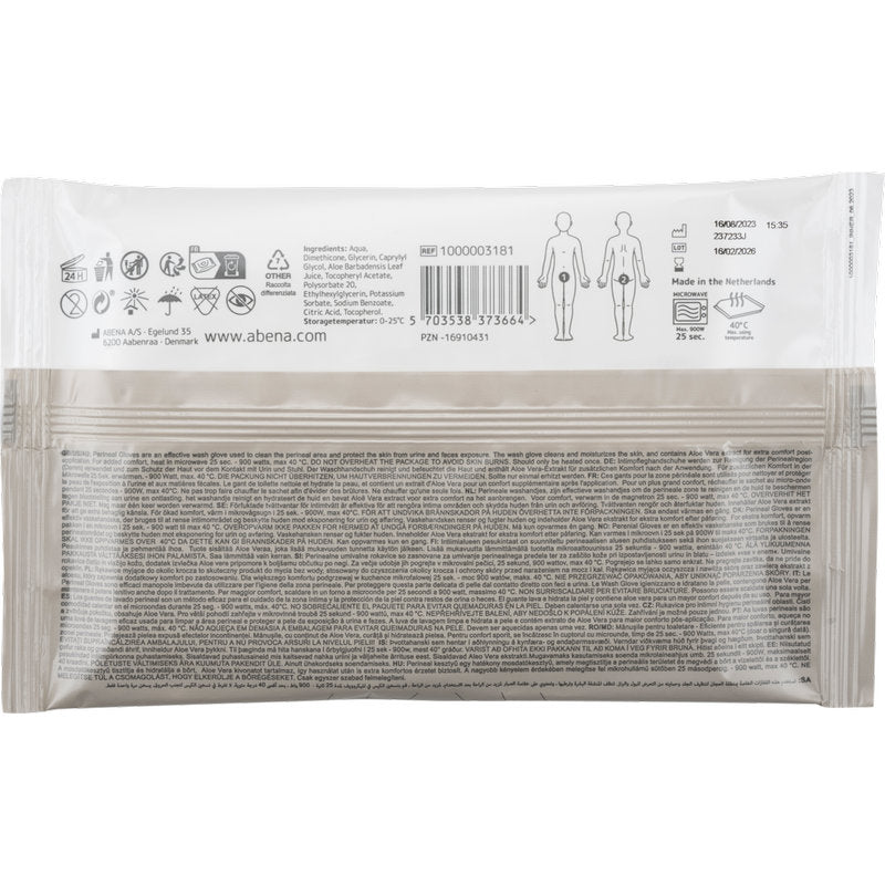 Die Abena Re-Seller GmbH Perineale Handschuhe Packung (4 Paare) kommt in einer versiegelten weiß-grauen rechteckigen Verpackung mit Barcode, Anleitung, Piktogrammen und Diagrammen einer menschlichen Figur für die perineale Pflege auf der Rückseite.