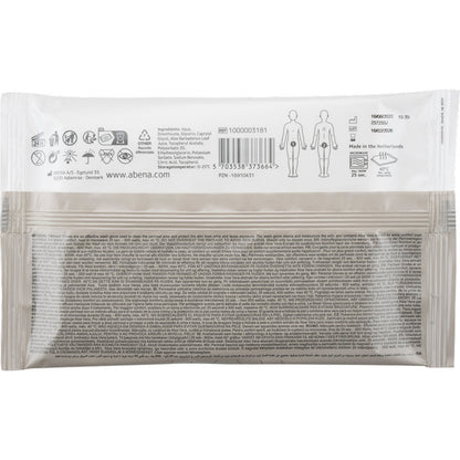 Rückansicht der Abena Re-Seller GmbH Perineale Handschuhe Packung (4 Stück) zeigt Symbole, Produktdetails, Anweisungen, Barcode, Firmeninformationen und Diagramme zur perinealen Pflege. Der Text wird in mehreren Sprachen angezeigt.