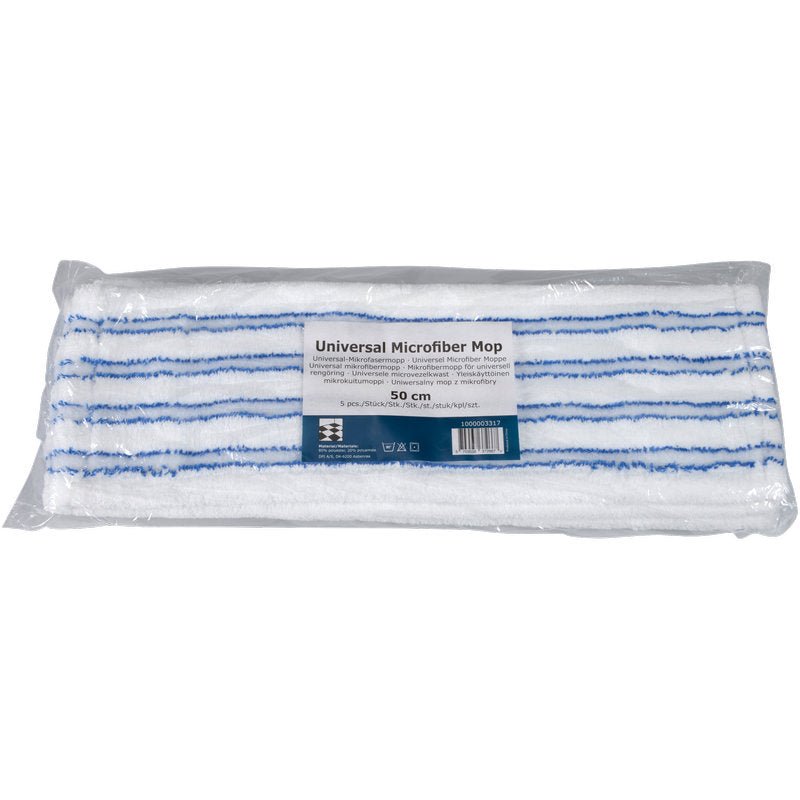 Den Abena Re-Seller GmbH mikrofibermoppe med børster, Blå/Hvid, 50 cm bred og overvejende hvid med blå striber, er pakket i klar plast og forsynet med en etiket.