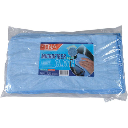 I en gennemsigtig plastikemballage er der en foldet blå mikrofiberklud ENA Soft (40x40 cm) fra Abena Re-Seller GmbH. På etiketten står der "Mikrofiberklud" med et billede af håndrensning, ideel til bilpleje og grundig rengøring.