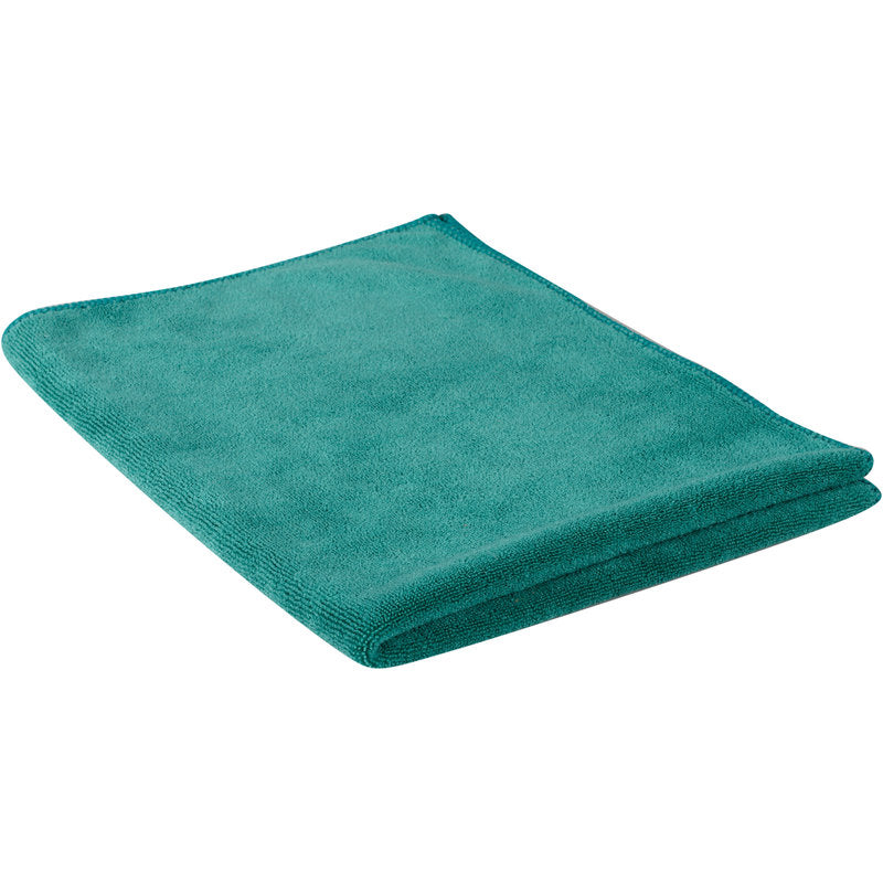 En foldet grøn mikrofiberklud ENA Platin vinduesklud (40x50 cm) fra Abena Re-Seller GmbH er afbildet på hvid baggrund. Den bløde, strukturerede klud med bearbejdede kanter er perfekt til stribefri rengøring. Pakke: 10 stykker.