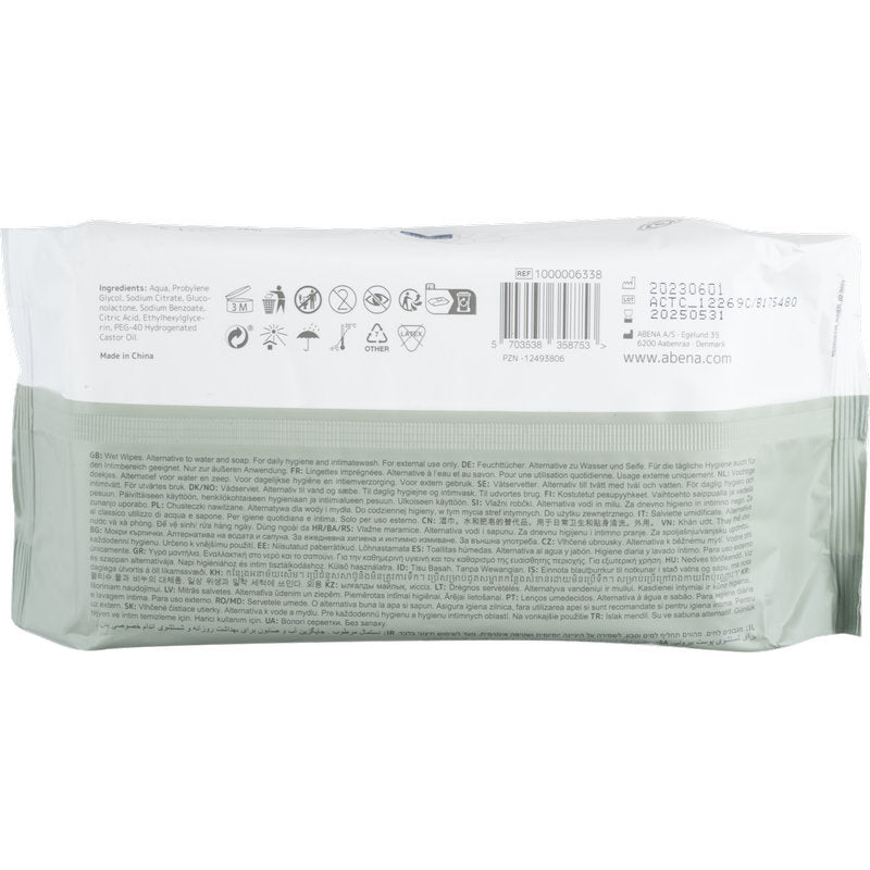 Bagsiden af en Abena Re-Seller GmbH fugtplejeservietter, med låg (80 stk., 18x20 cm) pakke viser ingredienser, anvendelsesinstruktioner, producentoplysninger, stregkoder & symboler på flere sprog - ideel til rengøring på farten.