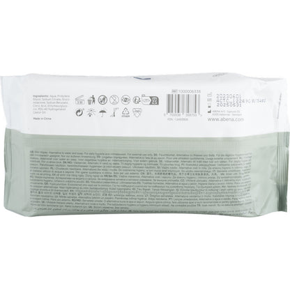 Bagsiden af en Abena Re-Seller GmbH fugtplejeservietter, med låg (80 stk., 18x20 cm) pakke viser ingredienser, anvendelsesinstruktioner, producentoplysninger, stregkoder & symboler på flere sprog - ideel til rengøring på farten.