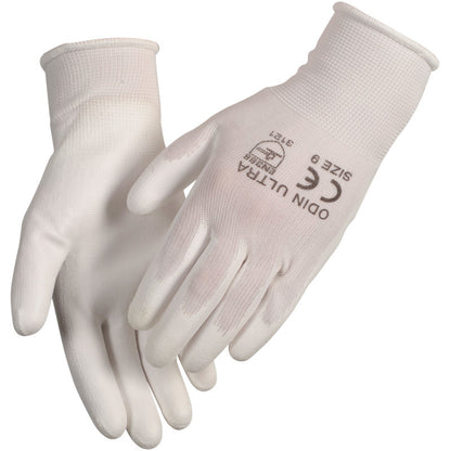 Die Odin Ultra White Handschuhe von Abena Re-Seller GmbH sind weiße Arbeitsschutzhandschuhe mit Größe 9 und Zertifizierungsangaben auf dem Handrücken - perfekt für Aufgaben wie Verfärbungen entfernen. Ein Handschuh ist mit der Handfläche nach oben abgebildet, der andere mit der Handfläche nach unten.