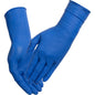 Ein Paar blaue Thor Ultra Grip Long Nitril-Handschuhe von Abena Re-Seller GmbH, 30 cm lang mit strukturierter Oberfläche, abgebildet an den Händen mit den Handflächen zueinander getragen.